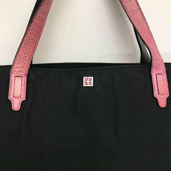 Kate Spade NY 14258 black nylon shoulder bag tote pink python leather straps - Picture 4 of 14